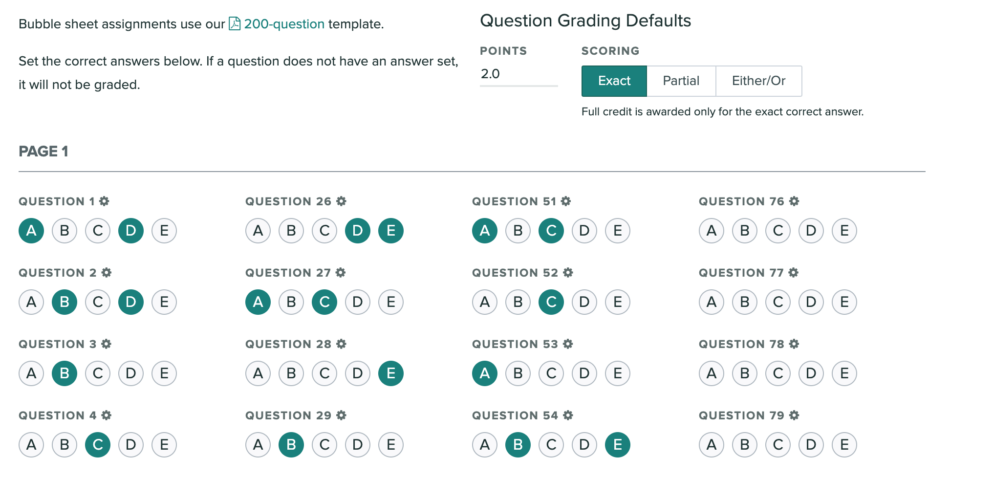 The Answer Key page showing grading options selected and correct answers indicated.