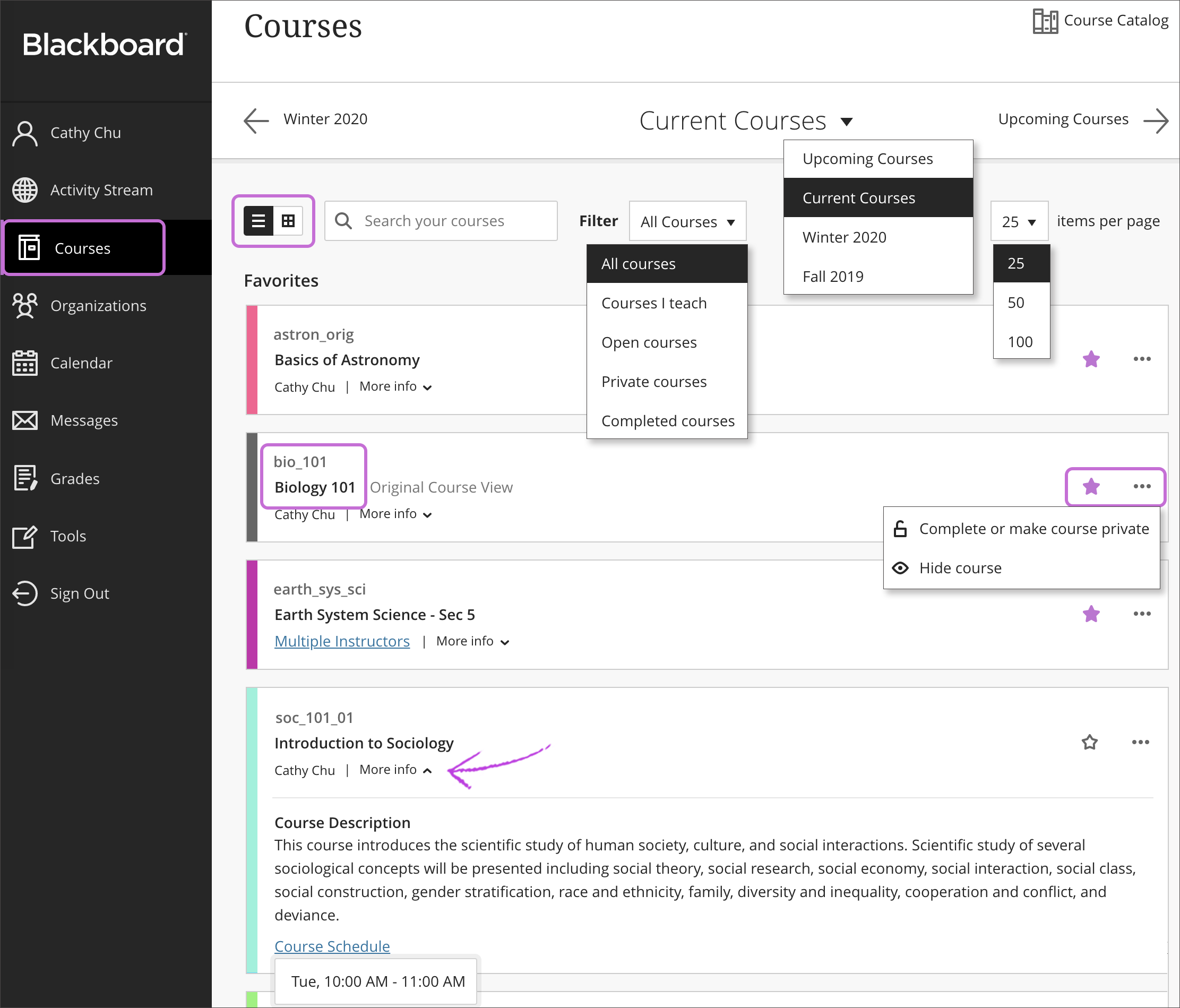 On the Courses page, the left column features a menu with Courses listed as an option, while the second, wider column on the right displays all past, present, and upcoming courses in a vertical list.