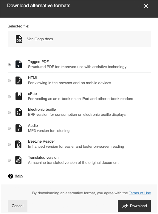 Choose from multiple formats for downloading content with Alternative Formats: PDF, HTML, ePUB, Electronic Braille, Audio, BeeLine Reader, and Translated Version.