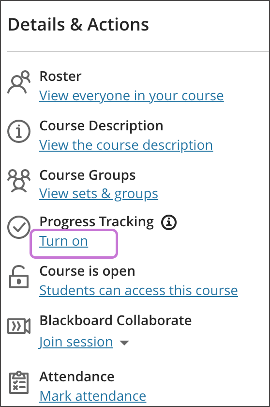 Screenshot that highlights the option to turn on Progress Tracking in the Details & Actions menu.