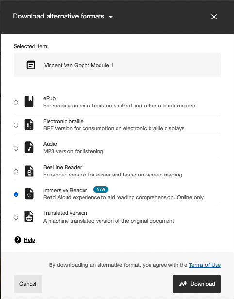 alternative formats modal