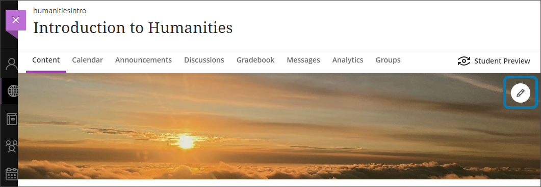 Image of a course with a banner image of clouds and the edit button for the banner.