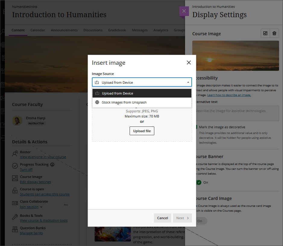 Image of the Course Image panel, with the prompt for uploading an image or choosing a stock image.