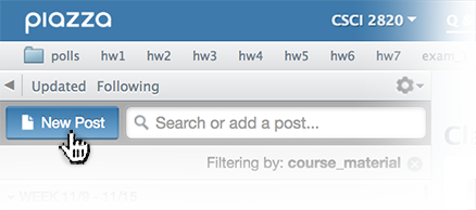 Piazza's blue and grey interface features NEW Post icon on the upper left where the pointer hovers.
