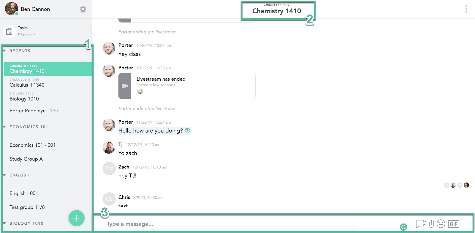 Left screen holds Courses, Sections, Groups, DMs. Recents prioritize activity at the top. 
