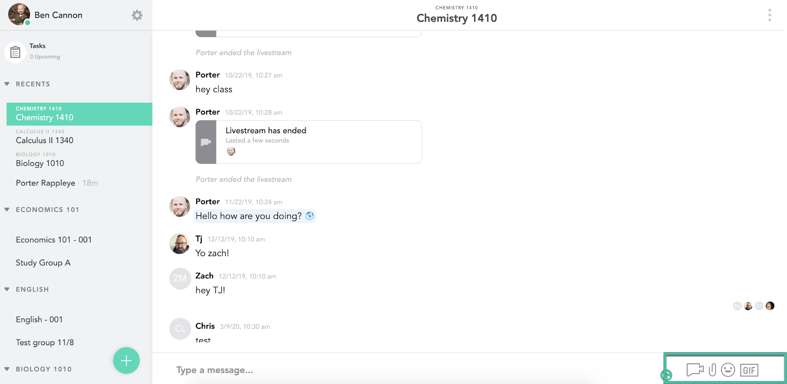 Lower right corner has camera, attachment, emojis, and gifs icons for additional options. 
