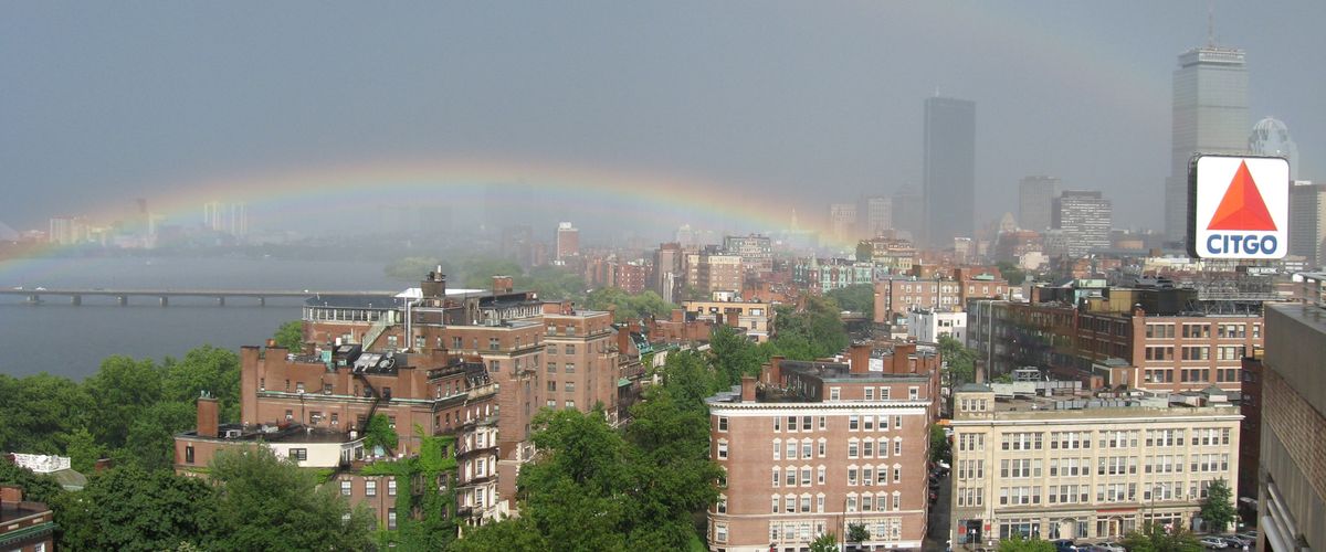 Photo of a rainbow over BU’s Charles River Campus