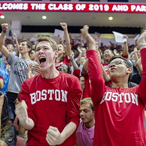 Jon Winkler (left) (ENG 19) and Rohin Banerji (ENG 19) cheer as their class is introduced during The Class of 2019 Matriculation ceremony on Sunday, August 30, 2015  Photo 通过 Jackie Ricciardi for Boston University Photography
