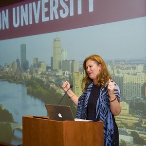 Nicole Hurd, Founder and CEO of College Advising Corps announces that BU is becoming a "partner university" to the College Advising Corps September 28, 2015 at the Sherry and Alan Leventhal Center