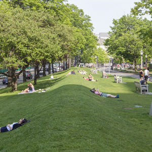 Students lying on BU Beach