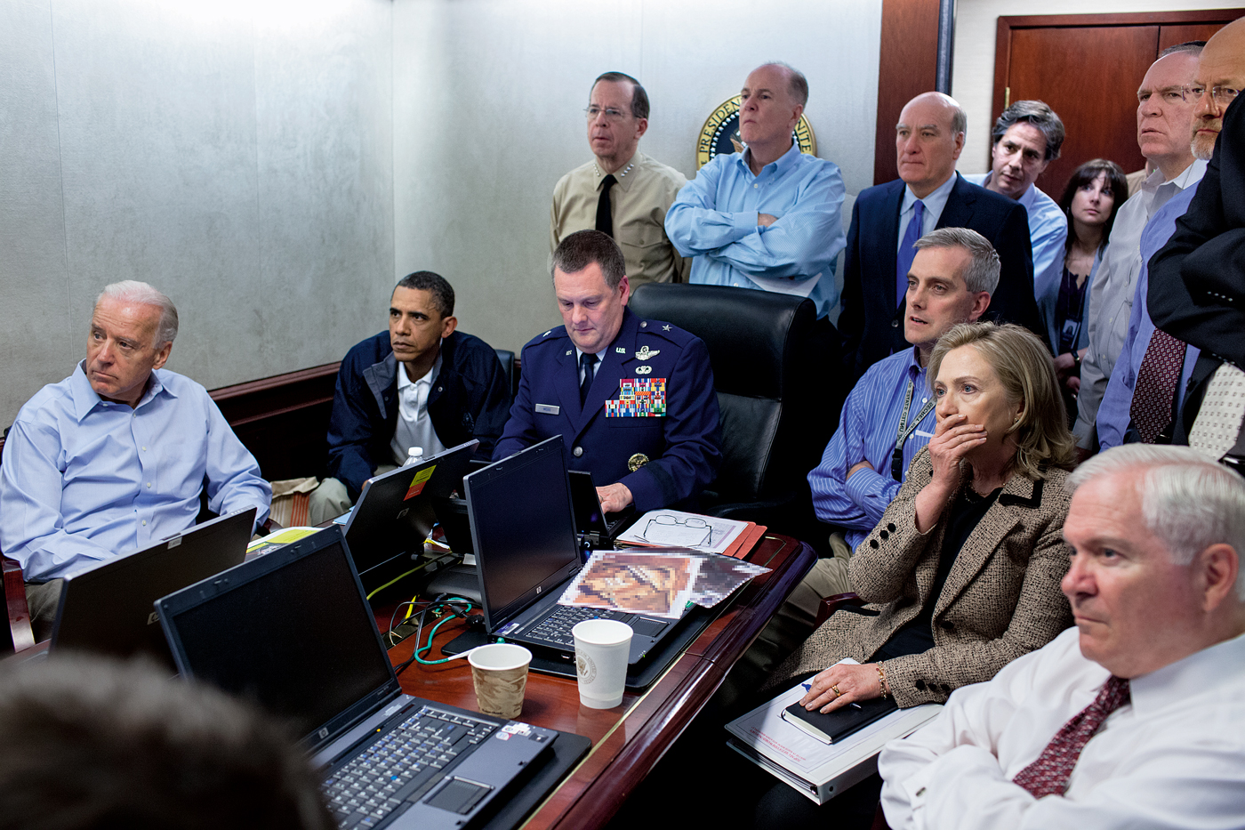 Photograph taken by official White House photographer Pete Souza of President Barack Obama, Vice President Joe Biden, and members of the national security team in the White House Situation Room watching in suspense as Navy SEALs raid Osama bin Laden's secret compound in May 2011.