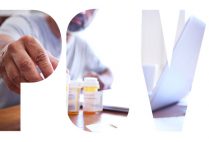 the letters POV laid over an image of a Hispanic Man Sitting At Dining Room Table Reaches For His Prescription Medications