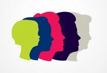Aging concept graphic showing the silhouette of a woman's head from little girl to senior woman.