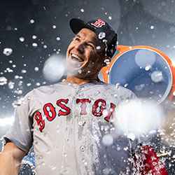 Brock Holt is doused with Gatorade after hitting for the cycle in game three of the American League Division Series against the New York Yankees on October 8, 2018, at Yankee Stadium. 