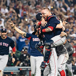 Pitcher Chris Sale and catcher Christian Vazquez celebrate the final out of the 2018 World Series.
