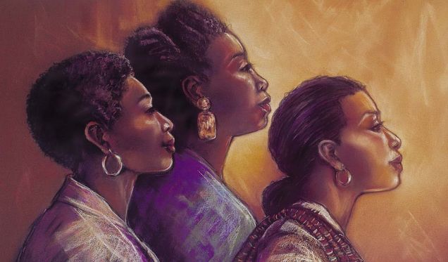 Painthing of three Black women in profile with a gold background.