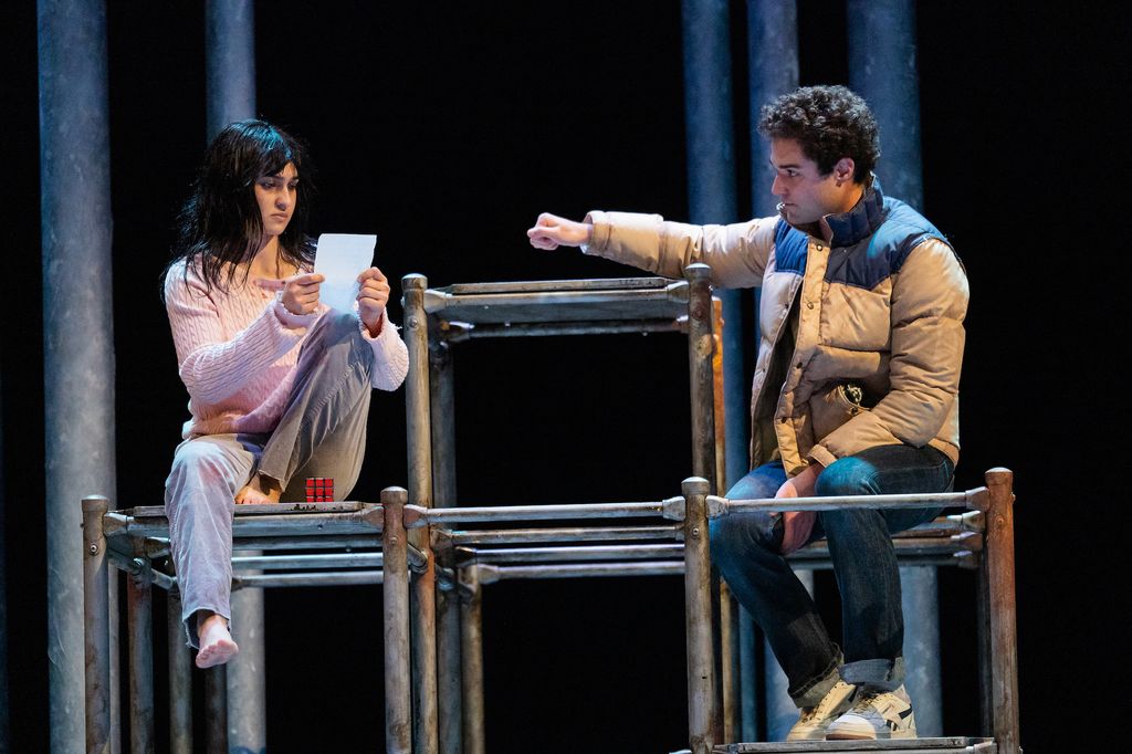 Leah Hohauser as Eli and Mishka Yarovoy as Oskar in Actors' Shakespeare Project's "Let the Right One In."