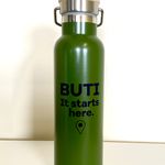 Olive Green Water Bottle with Wood Style Top and "It Starts Here" Logo in Black