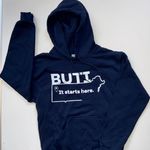 Navy Blue Hoodie with "It Starts Here" Map Logo in White