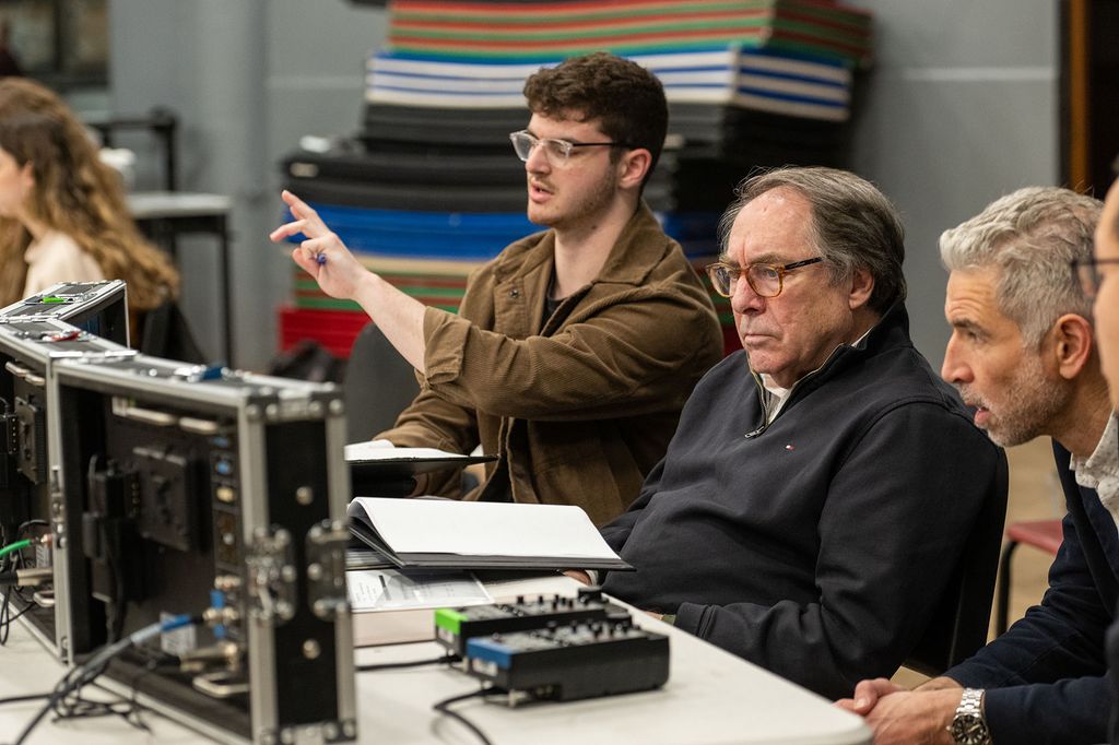 Director Eli Canter (COM’23) and Paul Schneider, COM professor of film and television and department chair, discussing camera blocking during a rehearsal for Art House at CFA