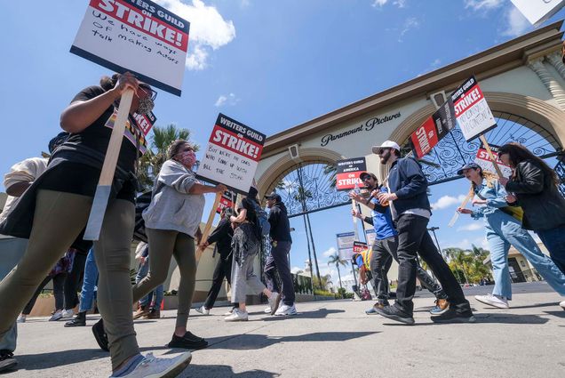 Members of the Writers Guild of America picket outside Paramount Pictures on May 5, 2023, in Los Angeles