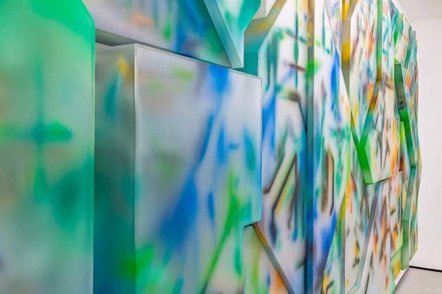 "Desborde," 2024 by Juan José Barboza-Gubo. Acrylic paint, polyurethane, digital print, optical material, and frosted acrylic. 40 pieces, variable dimensions. Juan Barboza-Gubo