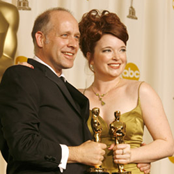 Producer Corinne Marinnan (CFA’95) and director Eric Simonson backstage at the 2006 Academy Awards after winning best documentary short for A Note of Triumph: The Golden Age of Norman Corwin.