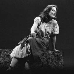 Black and white photo of actress Faye Dunaway in a 1961 production of Yerma at the BU Theatre. Photo by BU Photography