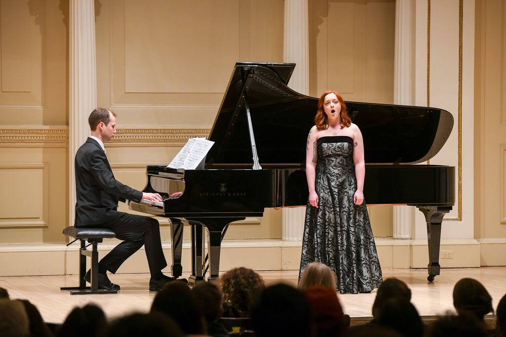 Pianist and singer on stage in Weill Recital Hall at Carnegie Hall for Boston University Spotlight Concert