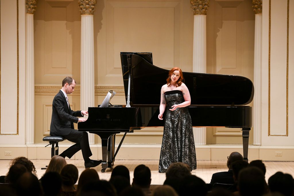 Pianist and singer on stage in Weill Recital Hall at Carnegie Hall for Boston University Spotlight Concert