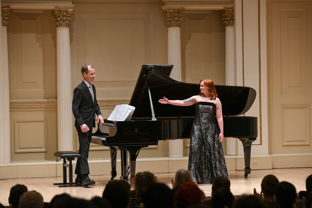 Pianist and singer on stage in Weill Recital Hall at Carnegie Hall for Boston University Spotlight Concert