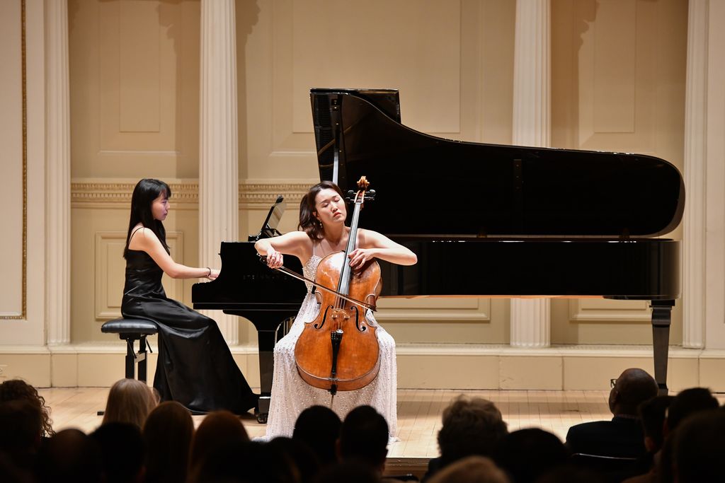 Pianist and cellist on stage in Weill Recital Hall at Carnegie Hall for Boston University Spotlight Concert