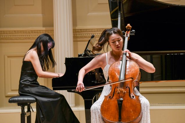 Pianist and cellist on stage in Weill Recital Hall at Carnegie Hall for Boston University Spotlight Concert