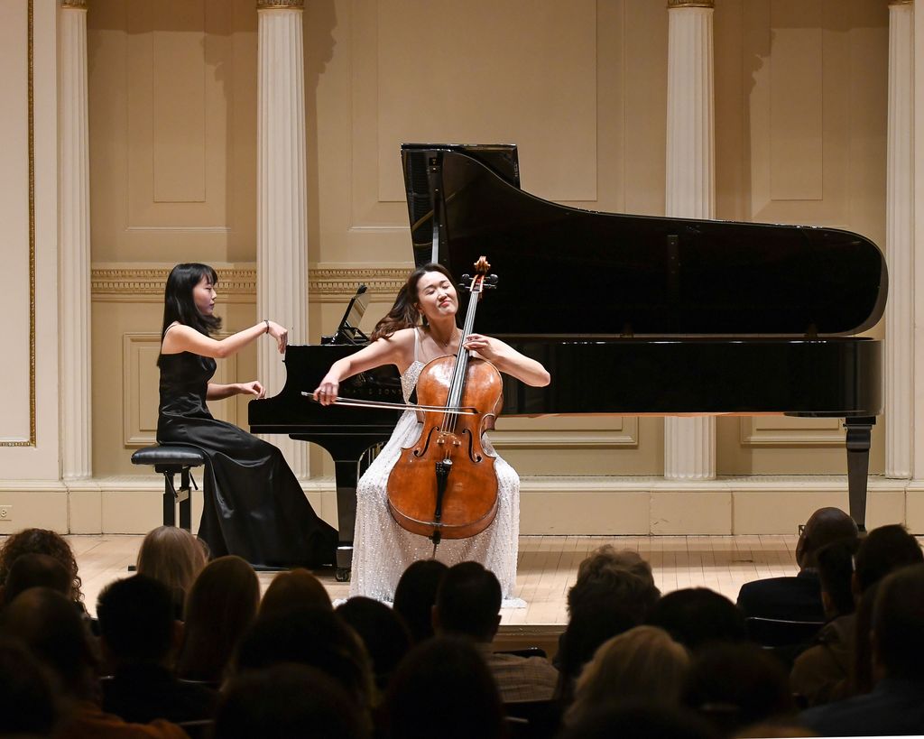 Pianist and cellist on stage in Weill Recital Hall at Carnegie Hall for Boston University Spotlight Concert