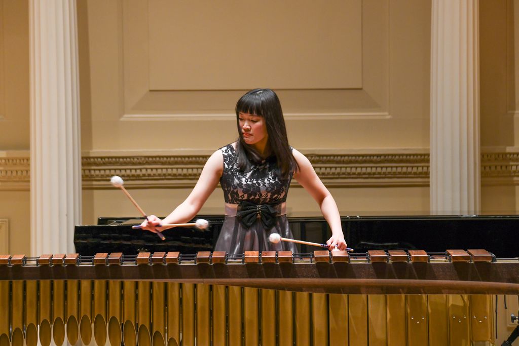 Marimba player on stage at Weill Recital Hall at Carnegie Hall