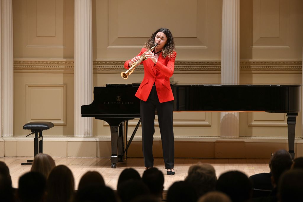 Soprano saxophone player on stage at Weill Recital Hall at Carnegie Hall