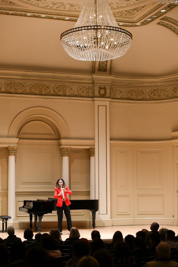 Soprano saxophone player on stage at Weill Recital Hall at Carnegie Hall