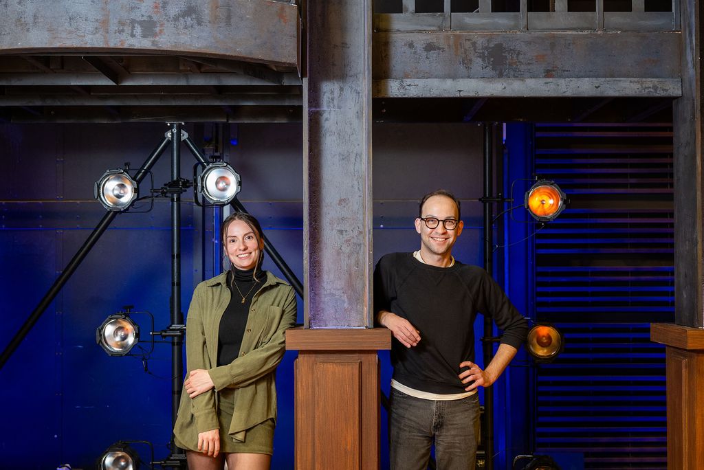 Directors Taylor Stark and Grant Sorenson backstage at Booth Theatre