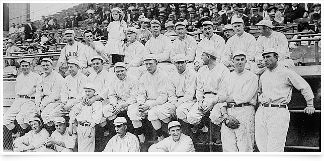 The 1912 Boston Red Sox included Tris Speaker (top row, second from left), a Protestant who reportedly feuded with Catholic teammate Duffy Lewis (top row, far right). Photo courtesy of Library of Congress, Prints & Photographs Division.