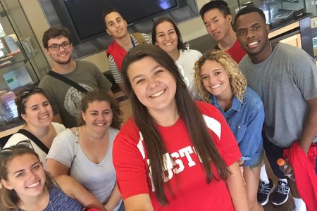 Mari Fletcher with a group of students at orientation