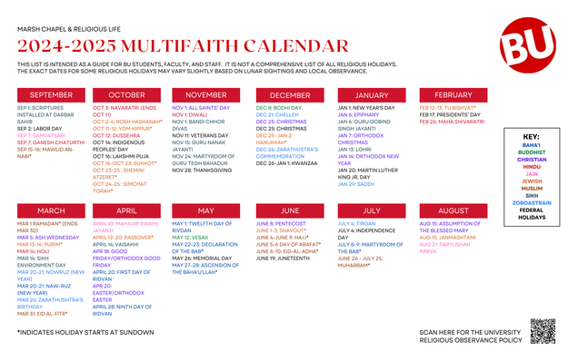 In image file outlining the religious holidays during the 2024-2025 Academic Year. 