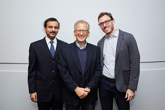 Azer Bestavros, director of the Hariri Institute for Computing and Computational Science & Engineering (center), and the cochairs of Hariri’s first BU Data Science Day, Prakash Ishwar (left) and Dino Christenson (right), were delighted by the large, cross-disciplinary crowd that came together to talk about how data science is transforming research.