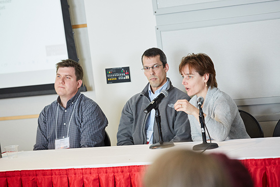 Josée Dupuis (right), an SPH professor of biostatistics, fields an audience question after her talk about using large genomic data sets to understand the genetic architecture of diseases such as type 2 diabetes. Other panel speakers were Jason Bohland (GRS’07) (left), a SAR assistant professor of health sciences and speech, language, and hearing sciences, and Eric Kolaczyk (center), a CAS professor of mathematics and statistics.