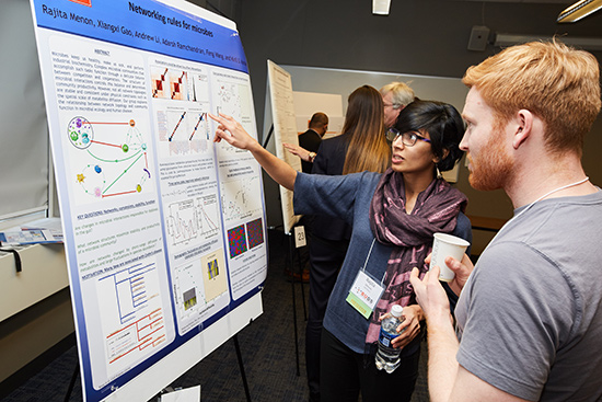 From schools and colleges across the University, 26 students participated in the data science poster session. Rajita Menon (GRS’18), a doctoral candidate in physics, presented her work on microbial interactions in the human gut.