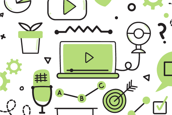Hand-drawn illustration of a laptop, webcam, microphone and other odds and ends.
