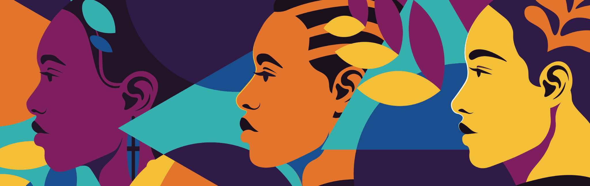 Illustration of three women faces in rich shades of purple, orange, and yellow.