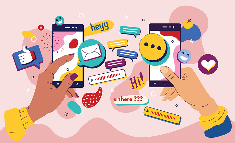 Colorful drawing of two hands, each holding a phone while using a dating app.