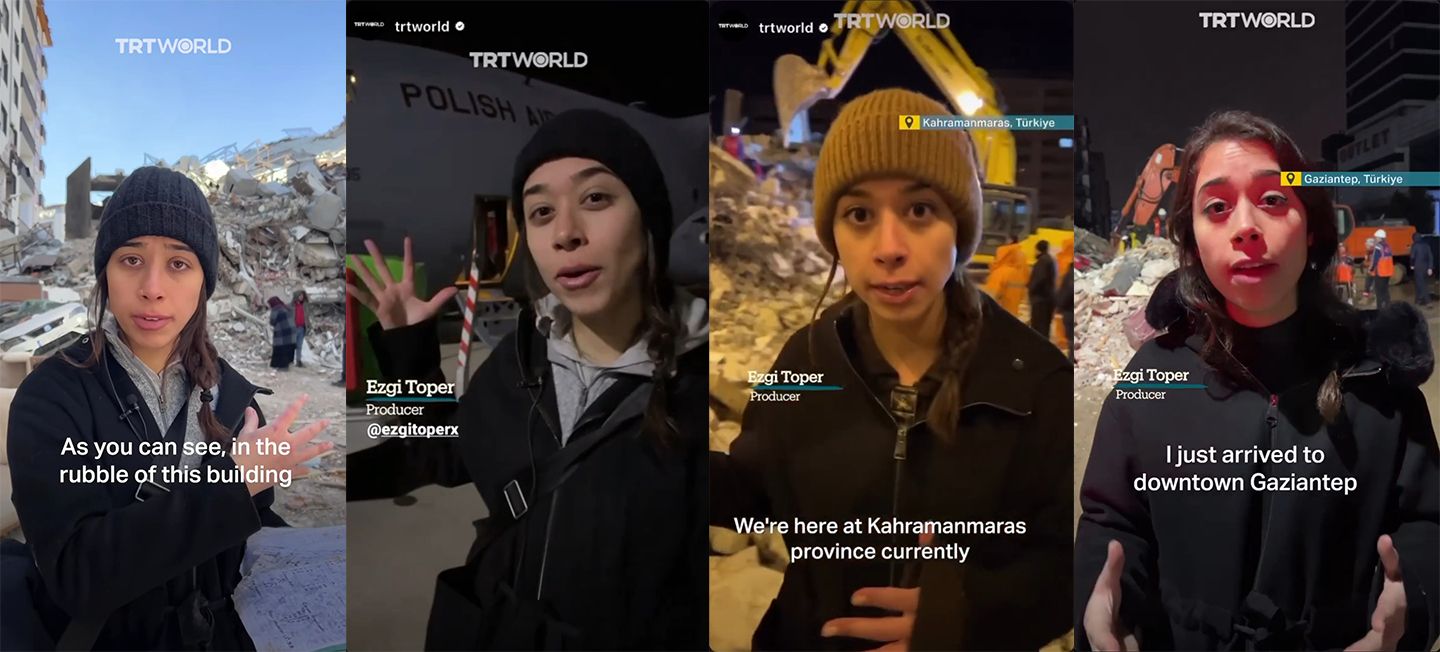 Composite of four images of Ezgi Toper reporting from earthquake in Turkey.
