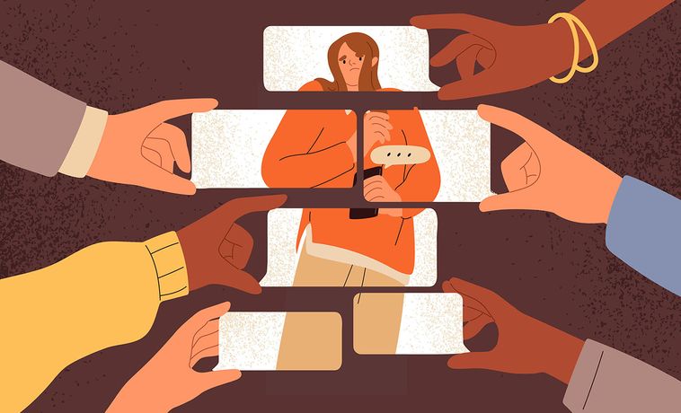 Illustration of many hands holding phones, each showing an image. When arranged together, the phones comprise an image of a woman looking concerned.