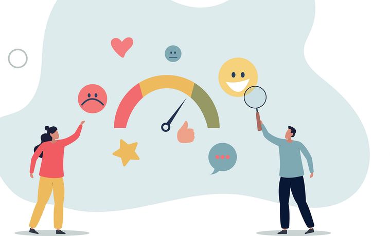 Two illustrated figures reaching for happy and angry emoji.